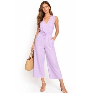 Ali Golden‎ Slit Back Linen Blend Jumpsuit Wide Leg Cropped Size L